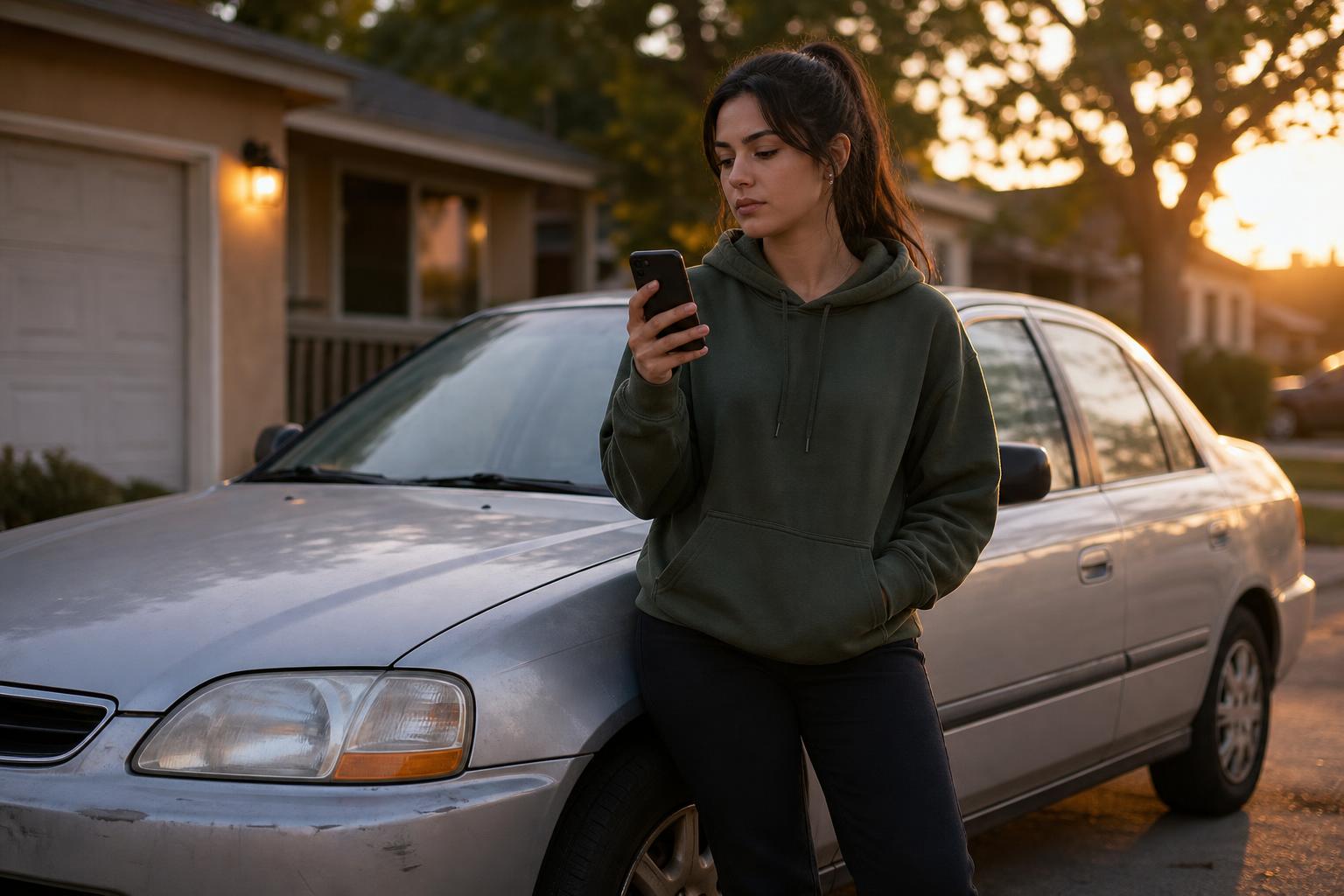 Buyer scanning a used car's VIN with a smartphone before meeting the seller