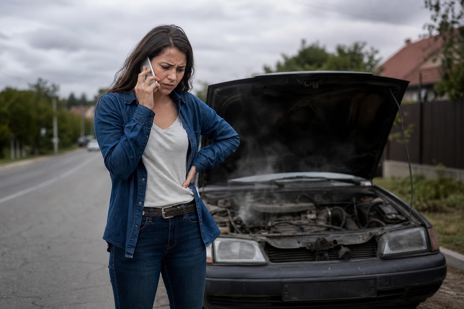 Stressed buyer next to a broken-down used car on the side of the road